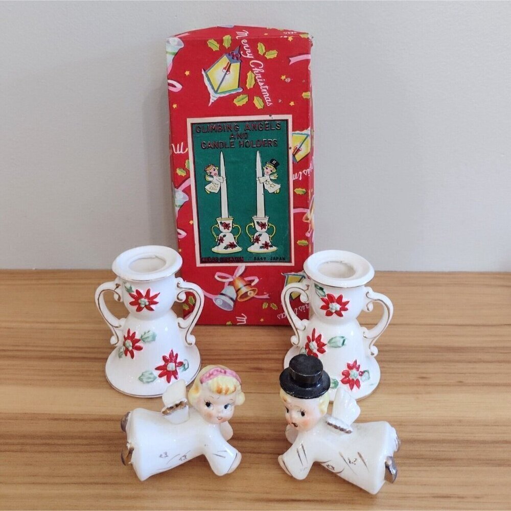 Vintage 1950s Relco Climbing Angels Candle Huggers & Candle Holders W/ Box